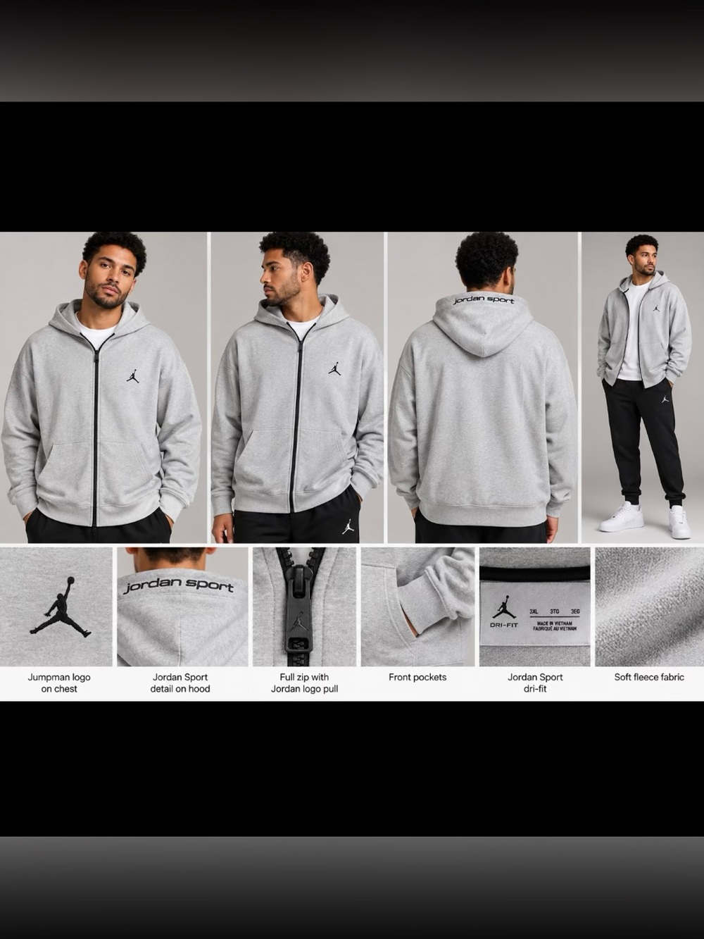 Jordan Sport Hoop Fleece Dri-FIT Full Zip Hoodie Gray Black Men’s 3XL